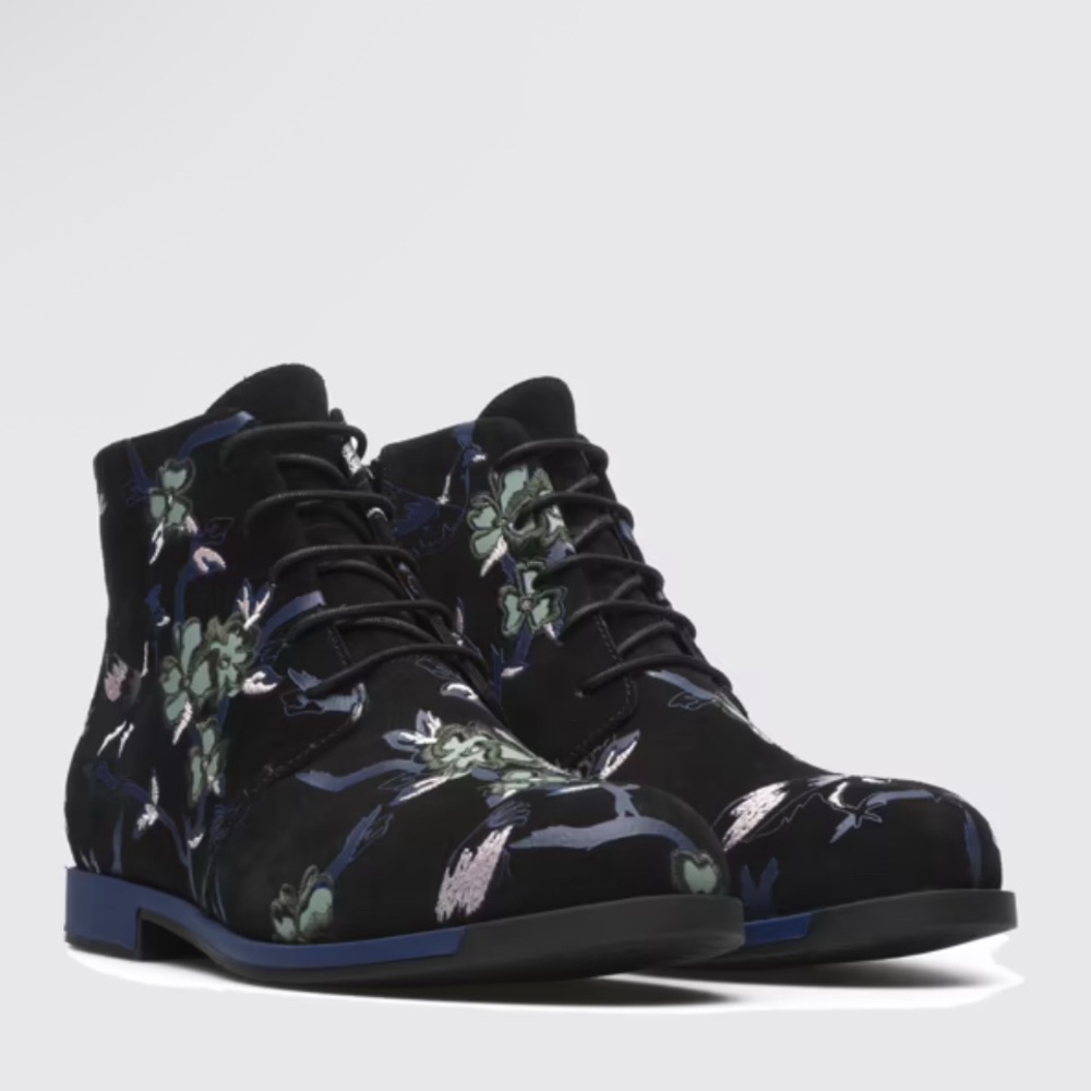 Camper Twins Suede Black and Blue Floral Ankle Boots Size 41 (US 10)
